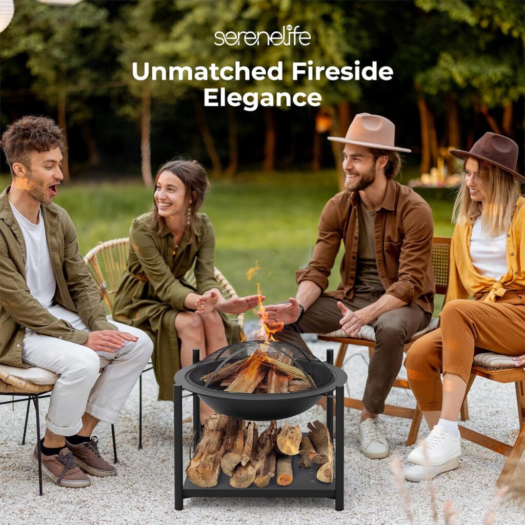 SereneLife Outdoor Wood Fire Pit with BBQ Grill, Mesh Screen, and Wood Storage – Heavy-Duty Steel Frame, Heat-Resistant – Ideal for Bonfires, Camping, and Outdoor Cooking SereneLife Outdoor Wood Fire Pit with BBQ Grill, Mesh Screen, and Wood Storage – Heavy-Duty Steel Frame, Heat-Resistant – Ideal for Bonfires, Camping, and Outdoor Cooking