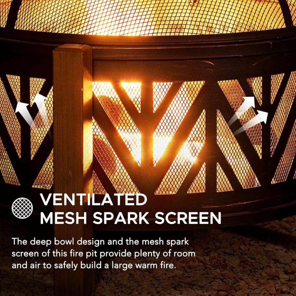 Sunjoy in. Large Fire Pits for Outside Round Wood-Burning Fire Pit, Outdoor Patio Steel Bowl Shape Fire Pit with Mesh Spark Screen and Poker Tool