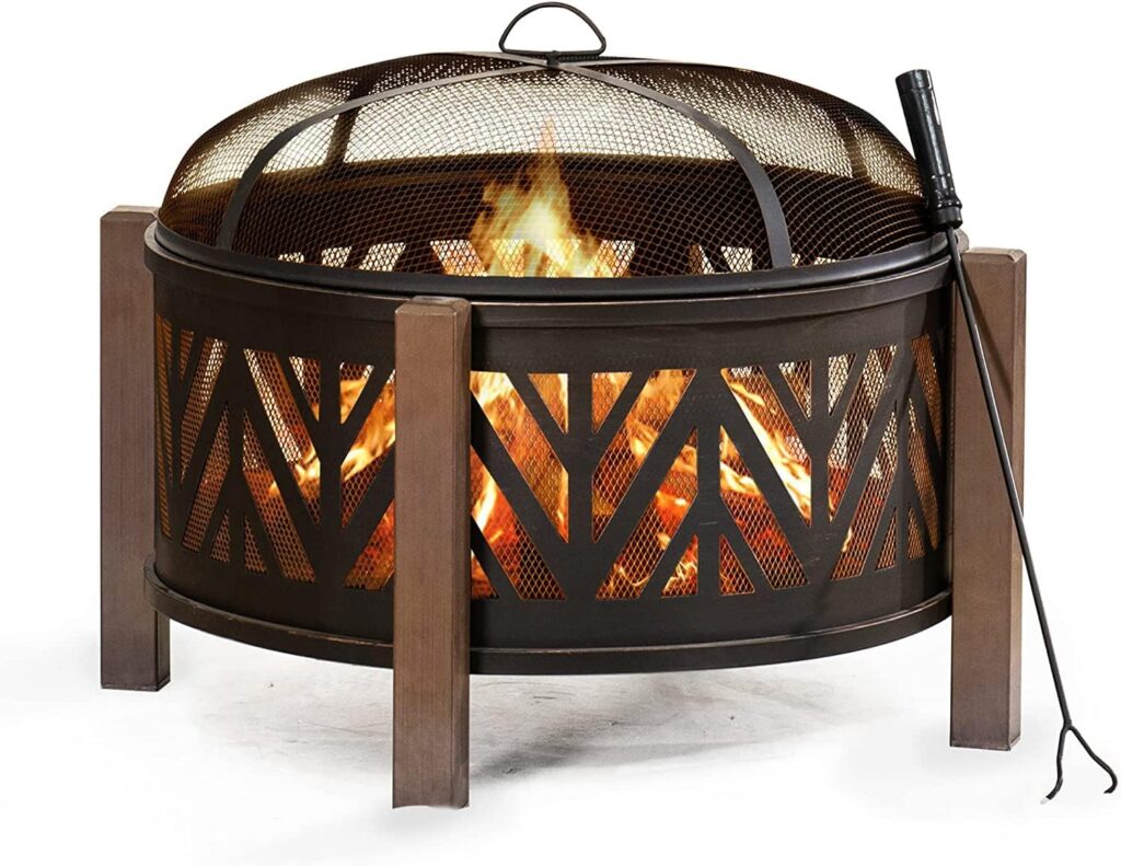 Sunjoy in. Large Fire Pits for Outside Round Wood-Burning Fire Pit, Outdoor Patio Steel Bowl Shape Fire Pit with Mesh Spark Screen and Poker Tool