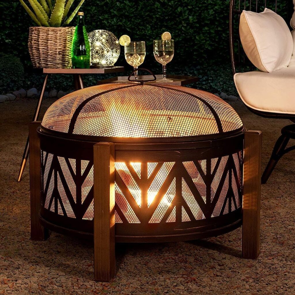 Sunjoy in. Large Fire Pits for Outside Round Wood-Burning Fire Pit, Outdoor Patio Steel Bowl Shape Fire Pit with Mesh Spark Screen and Poker Tool