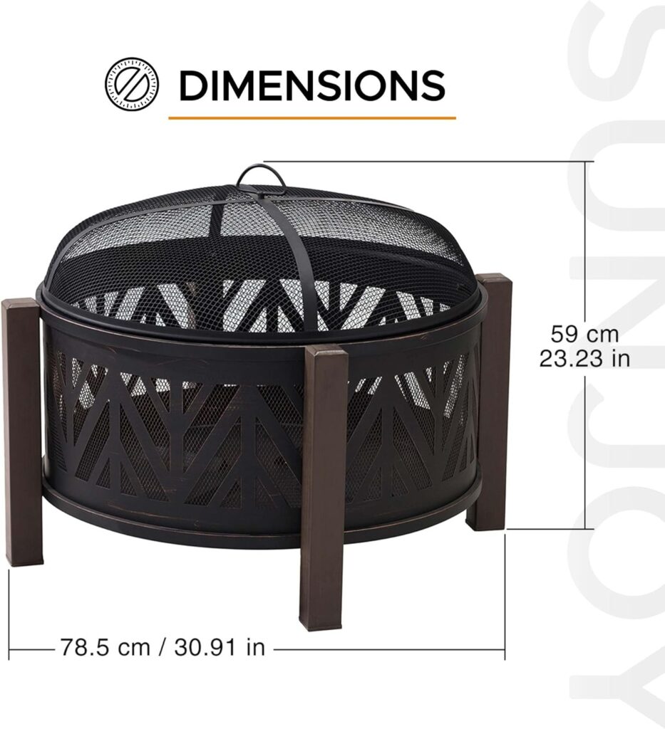 Sunjoy in. Large Fire Pits for Outside Round Wood-Burning Fire Pit, Outdoor Patio Steel Bowl Shape Fire Pit with Mesh Spark Screen and Poker Tool